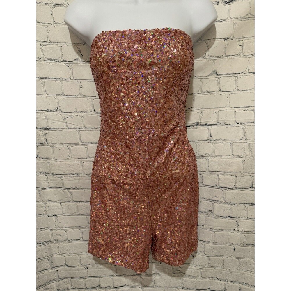 Ohvera Bling Rose Gold Sequined Strapless Playsuit Jumpsuit Shorts Romper Small